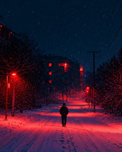 Un hombre caminando solo por una ruta en la noche nevada