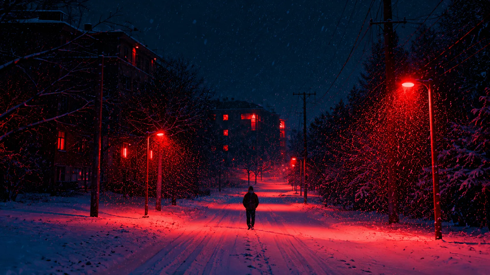 Un hombre caminando solo por una ruta en la noche nevada